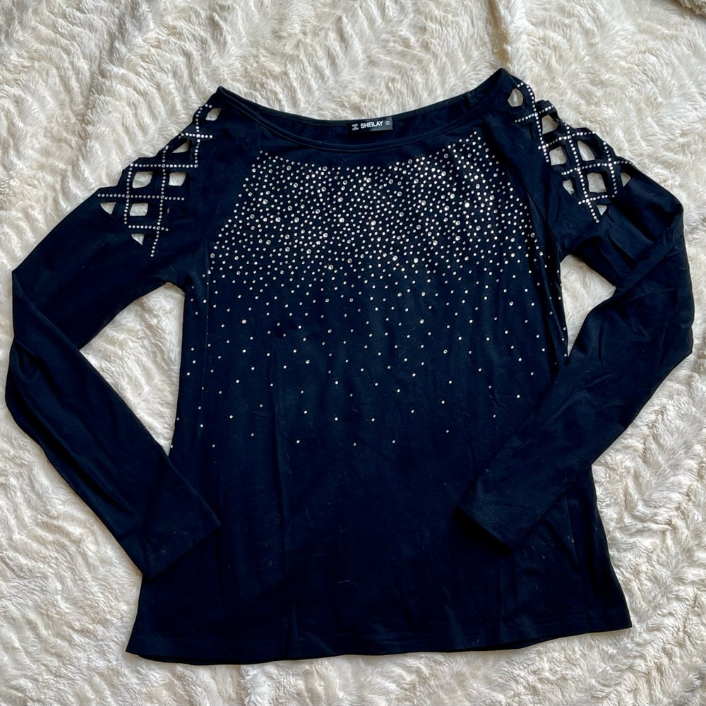 Black Long Sleeve Embellished Blouse